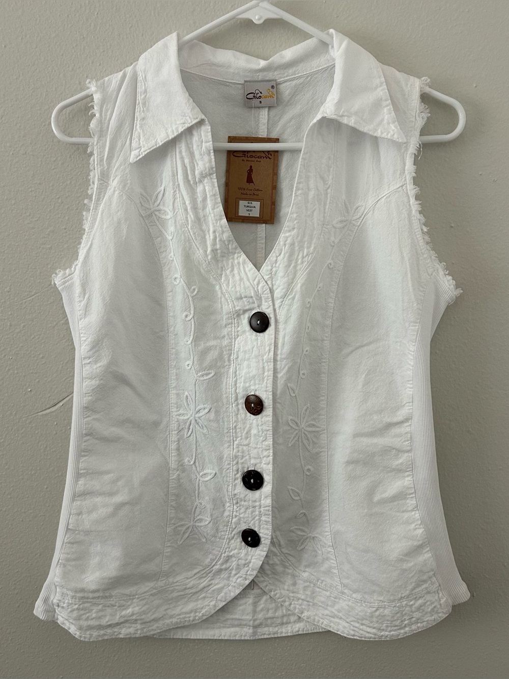 Giocam White Turquia Vest Women’s S Embroidered Boho Top Cotton Button Up NWT